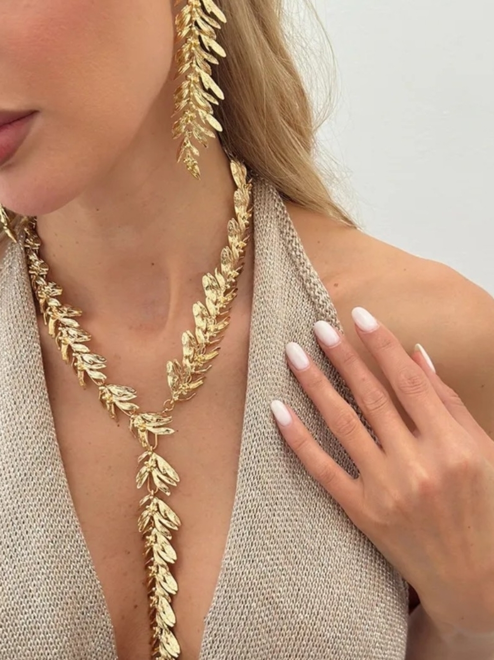 Gold Leaf Y-Style Necklace and Earrings Set - Women Jewelry